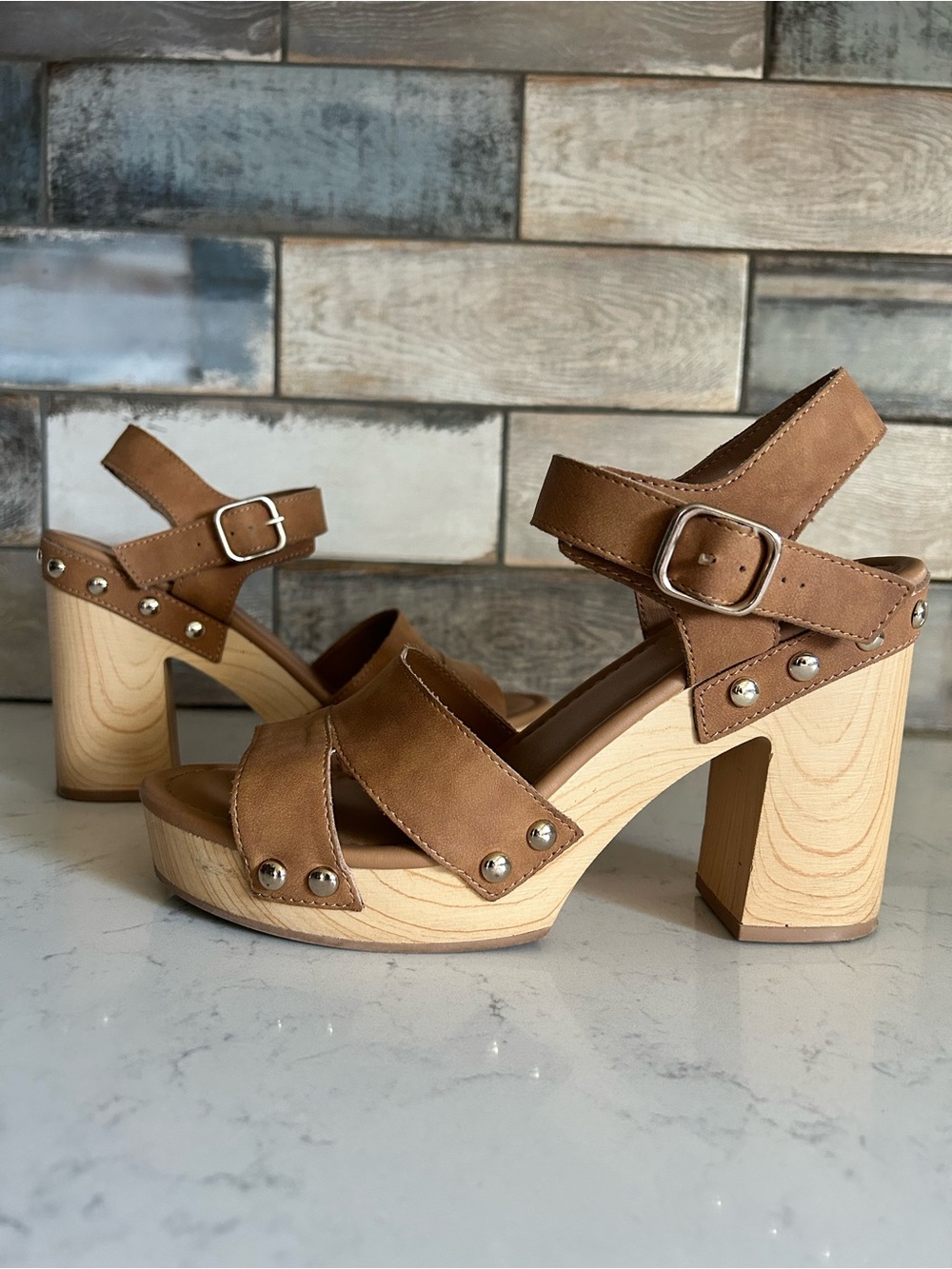 Sun + Stone Faux Leather Block Heel Studded Platform Sandals